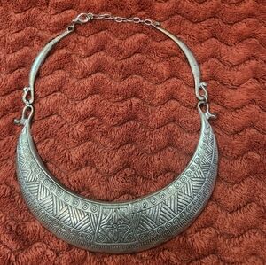 Antiqued Silver Crescent Necklace with Intricate Tribal Pattern Adjustable